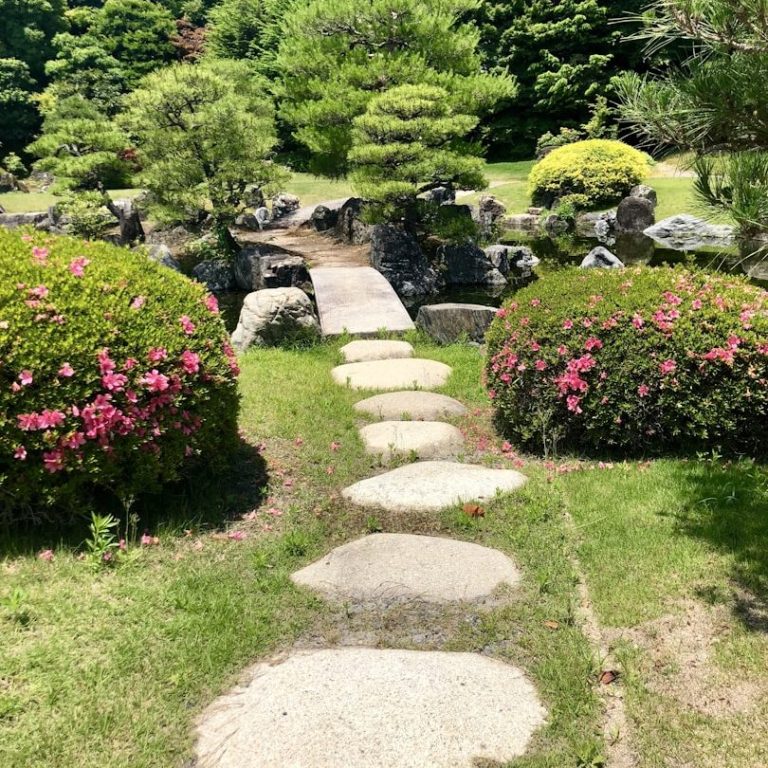 Garden Vibrant flower beds with red, white, and purple blooms, surrounded by lush green grass.